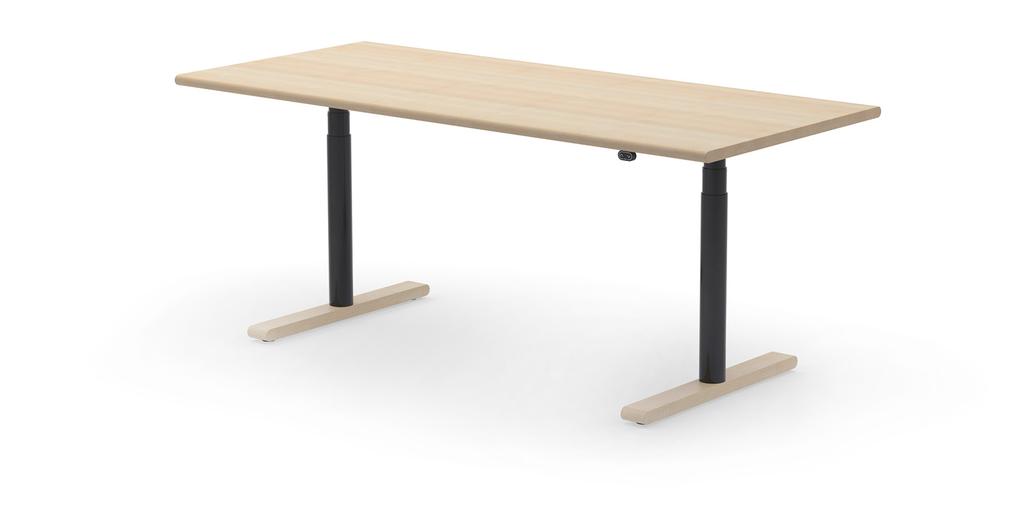 The solid wood table top is matched by solid wood beam, feet and crossbars, and combined with an electric linear actuator solution.