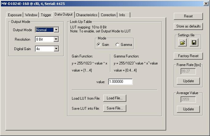 7.2.4 Data Output This tab contains image data settings. Figure 7.14: MV-D1024E-160 data output panel Output Mode Output Mode: Normal: Normal mode. LFSR: Test image.