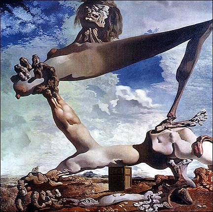 Salvador Dali In one of the only overtly political paintings made by Dali, an aggressive monster destroys itself, tearing violently at its own limbs, its face twisted in a grimace of both triumph and