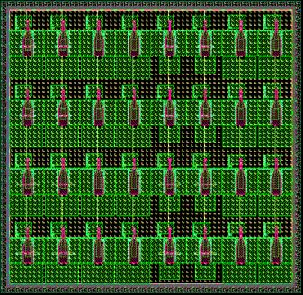 An outlook of a detector array of 8x4 pixels is shown in Figure 9. Figure 9 Lay-out of a 4x8 pixels detector for millimetre wave imaging.
