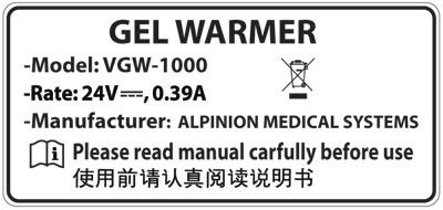 warmer Gel warmer voltage label Rear of