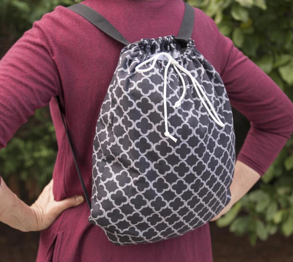 SINGER PROJECTS Drawstring Backpack Just two rectangles of fabric, webbing straps and a drawstring are used to make this
