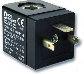 SOLENOID COIL SYSTEM 8 ATEX Width: Intrinsic safety: Connection type: Moulding material: 0 mm ll 2 G Ex ia IIB/IIC T6/ Ga form A EN 1701-80-A thermoset resin General Data Voltage tolerance Ambient