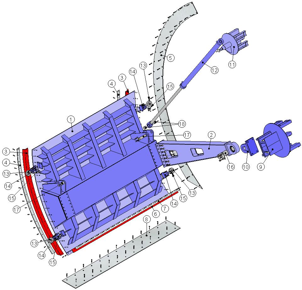 Note: This image shows an exploded view of a spillway type "Taintor" penstock (3-side seal) with hydraulic drive.