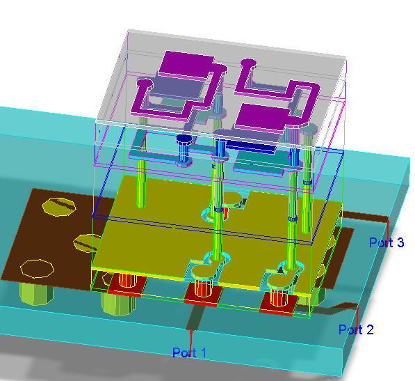Why do we need 3D Fullwave EM for LTCC or Laminate designs? 3D View of the LTCC balun over the PC Board extended on the Z-axis by the ADS layout 3D viewer.
