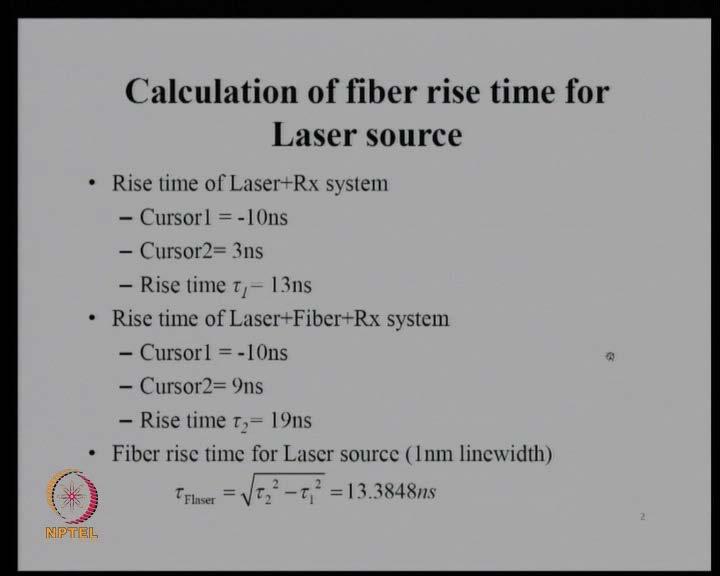 (Refer Slide Time: 42:52) We will now, measure the dispersion in the fiber. For that, we will first calculate fiber rise time for laser source and LED sources.