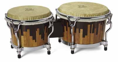 formed from individually cut, solid blocks of wood. The staves are used to create drums that are both visually and audibly striking.