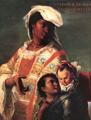 Detail, Spaniard and Indian Produce a Mestizo, attributed to Juan Rodríguez Juárez The painting displays a simple composition, with a mother and father flanking two children, one of whom is a servant