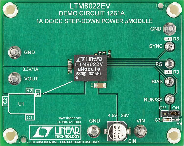 LTM8022 36V, 1A Step-Down µmodule Regulator DESCRIPTION Demonstration circuit 1261A features the LTM 8022 stepdown μmodule regulator delivering a 3.3V output from a 4.5V to 36V input supply.