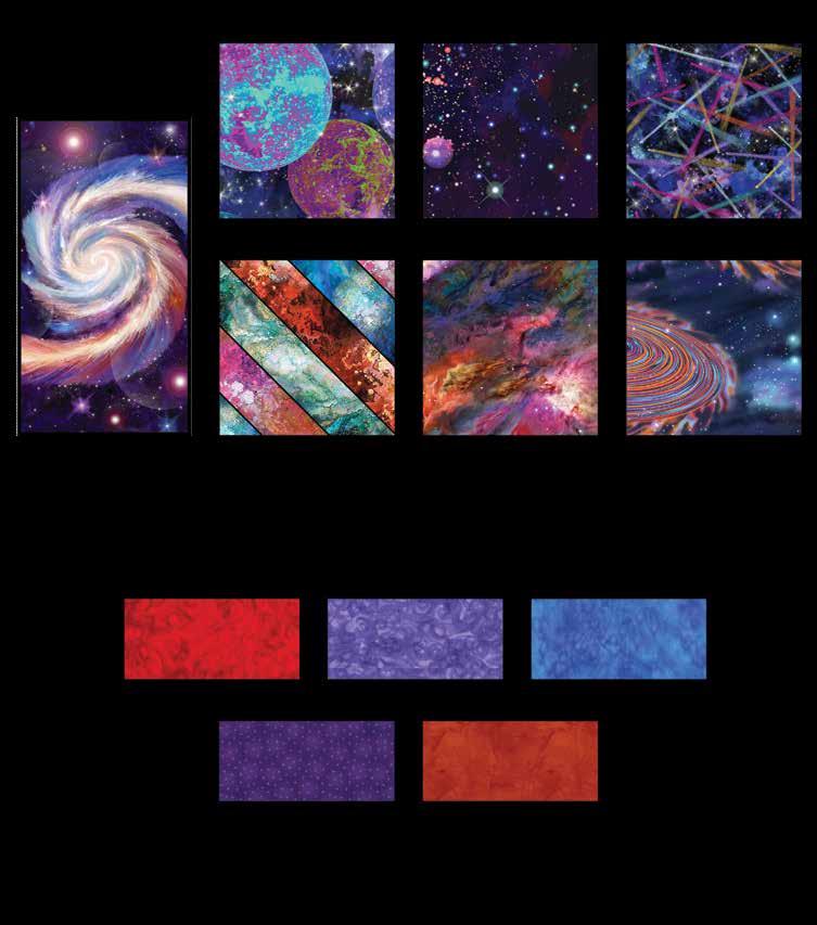Galaxy last Quilt Finished Quilt Size: 7 x 96 Fabrics in the Galaxy last ollection Planets - lack 94-99 Night Sky - lack 95-99 Shooting Stars - lack 96-99 4 Panel - lack 93P-99 Stripe - Rust 97-99