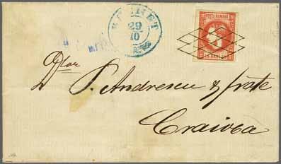 224 Corinphila Auction 30 May 2018 21 4034 4034 18 bani rose, a fine large margined example, (Transfer Type 4), used on 1869 entire letter to Craiova tied by fine strike of grill obliterator in black