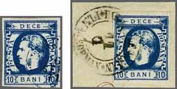 22a var 500 ( 425) 10 bani deep blue, two used examples (Transfer Type 4), the first showing broken 'O' in 'Posta' and '1' of '10' at lower left joined to frameline, the second example used on piece