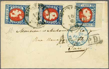 indigo & red, three examples with fine to large margins all round, one being sheet marginal, all used on double rate cover to Paris and tied by BUCURESTI / SERA