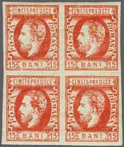 corner of frame, of excellent colour and large part og., but lower pair with horizontal crease and margin close but not into design at lower right. A very rare stamp in an unused multiple.