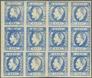 224 Corinphila Auction 30 May 2018 37 1872 King Carol 'with beard' - New Stones 4093 4093 1872 (Aug 20): Emergency issue, 10 bani blue, an unused block of four (Transfer Types 1-2/1-2), corner