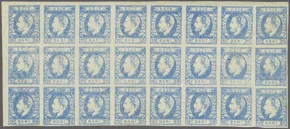 38 224 Corinphila Auction 30 May 2018 4096 4096 10 bani ultramarine, a wonderful unused block of 24 subjects (8 x 3), from upper left corner of the sheet (Transfer Types