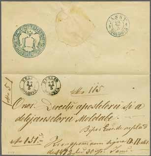 224 Corinphila Auction 30 May 2018 47 Horse Relay Station 4129 4130 4129 4130 1859: Official entire letter to Jassy struck on front with two fine BERLAD / MOLDOVA datestamp