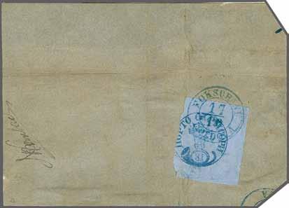 224 Corinphila Auction 30 May 2018 51 Street scene, Fokschani 4137 4137 Bull's Head 81 parale deep blue on blue wove paper, the famous example used on large piece of cover, the design touched at left