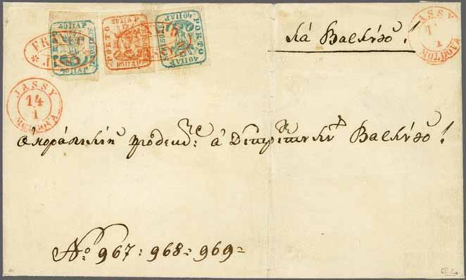 60 224 Corinphila Auction 30 May 2018 View of Jassy ca. 1855 4163 4163 40 pa. greenish-blue on thin white wove paper, two examples flanking single 80 pa.