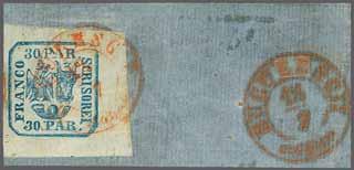of five used to pay the single 30 parale rate to Berlad cancelled by three strikes of oval FRANCO / JASSSY in blue with 'Jassy / Moldova' cds (12/9) below; the central stamp unfortunately torn at