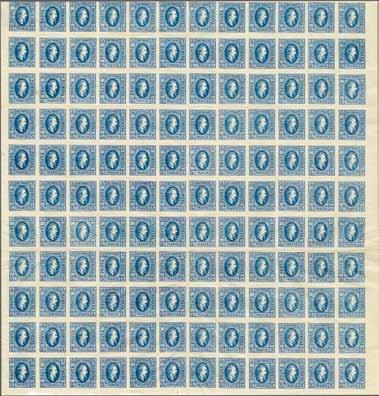 carmine-red, the complete imperforate sheet of 200 (12 x 17) with the first four positions in the first horizontal row being blank spaces, of excellent rich