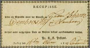 72 224 Corinphila Auction 30 May 2018 Foreign Post Offices in Romania Austrian Post Offices in Romania 4195 4196 4195 4196 1814: Printed Registration Receipt in German from Jassy Consular Post Office