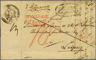 The cover was prepaid 14 kreuzers to the Austrian border (on reverse) and charged '15' décimes due upon receipt. A fine and rare cover.