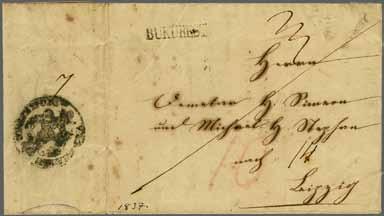 74 224 Corinphila Auction 30 May 2018 4203 4204 4203 4204 1837: Cover from Bucharest to Leipzig struck on despatch with BUKurest straight line handstamp in black (Tchilinghirian fig.
