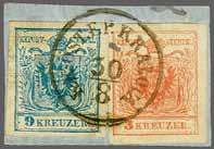 3+ 4 200 ( 170) Austria 1850/54 3 kr. red and 9 kr. blue, fresh colours and good to huge margins all round, tied by crisp and central strike of "K.K.ÖST.F.P.