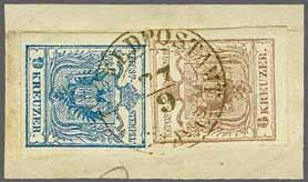 78 224 Corinphila Auction 30 May 2018 4223 4224 4223 4224 Austria 1850/54 6 kr. brown and 9 kr. blue, both with fresh colours and good to large margins all round, tied by neat "K.
