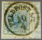 A very rare cancellation of the third Austrian Army Corps located in Focsani. 4+ 5 5 250 ( 215) Austria 1850/54 9 kr. blue, large margins all round, tied by neat "FELDPOST No.