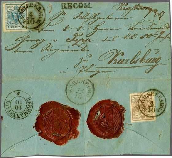 80 224 Corinphila Auction 30 May 2018 View of Karlsburg 4227 4227 1855ca: Registered military cover from Kraiova to Karlsburg, franked with Austria 1850/54