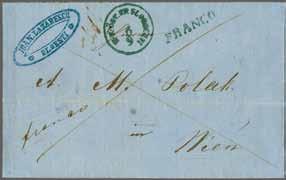 An appealing incoming cover that opens well for Exhibit display. 5Y 6 300 ( 255) Austrian Post Offices 1861: Prepaid entire letter to Vienna struck with straight line FRANCO and circular K. K. ÖST. F. P. PLOESCHTI Field Post Office datestamp (6/9) struck in bluish-green ink (Tchilinghirian fig.