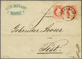 86 224 Corinphila Auction 30 May 2018 4252 4251 4252 4251 1867: 5 soldi red, a fine horizontal pair used on 1868 cover to Pest, neatly tied by BUCHAREST cds (17/6) in black