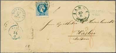 blue used on 1868 entire letter from Vienna to Waslui, Moldova tied by Vienna cds; flap opens to display fine array of transits including 'Czernowitz' in blue (22/8) and Austrian P.