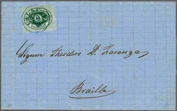 green, a fine example in a deep shade used on 1869 entire letter to Braila tied by Roman dated CALAFAT cds (20/III) struck in blue (Tchilinghirian fig. 782).