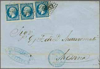 224 Corinphila Auction 30 May 2018 93 French Post Offices in Romania 4281 4282 4281 4282 1862: Single rate cover from Galatz to Athens, Greece franked by 1853 10 c. bistre brown and 40 c.