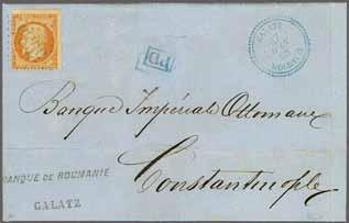 O. in Constantinople cds (Oct 14) and Piraeus and Athens datestamps. A scarce usage. Cert. Behr (1999). 13+ 16 6 500 ( 425) 1864: Single rate cover to Constantinople franked by 1862 10 c.