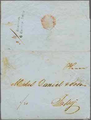 224 Corinphila Auction 30 May 2018 95 4288 4289 4288 1850: Cover from Bucharest to Jassy, some acid ink faults in address, struck with outstanding strike of Cyrillic two line dated "BUCHAREST/ 6