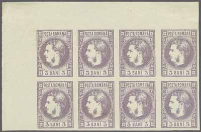 17 6 1'500 ( 1'275) 4025 4026 4025 4026 1870: 3 bani violet, a fine unused block of six from right of sheet with