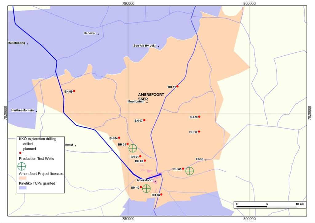 To date 10 exploration holes have been drilled on the northern license. The purpose of the drilling was to justify and locate sites for pilot production testing.
