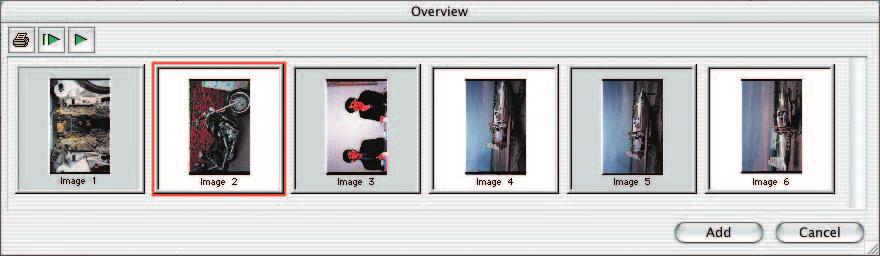q + image sequence Ω + A all images Selecting Desired Images In the resulting image overview, you can select individual images by Command-click (Win: Control-click),or you can select a connected