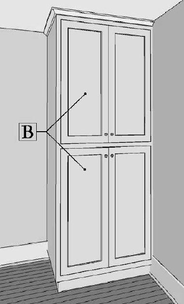 B - Cabinet doors over 36 high must have 3 hinges to be warranted.