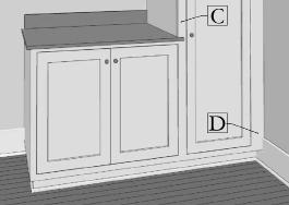 C - Left stile of tall cabinet is minimum 2 1 / 4 to receive counter top dog ear where lower cabinet & full height