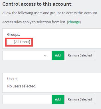 Verify that the Control access to this account > Groups area displays