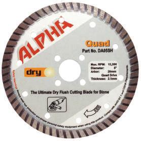 Small Diameter Diamond Blades Granite & Engineered Stone Blades PLUS AND QUAD BLADES The Alpha Plus is the ultimate blade designed for dry cutting multiple applications.