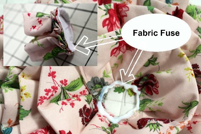 Cut a slit in the middle of the craft interfacing circle and stitch it to the fabric circle with the adhesive side towards the right side of the fabric.