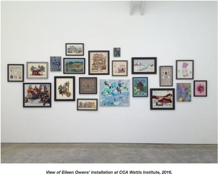 In the back gallery, Laura Owens curates her grandmother, Eileen Owens, where 16 needlepoint pieces are shown in tandem with some of her smaller paintings of paintings.