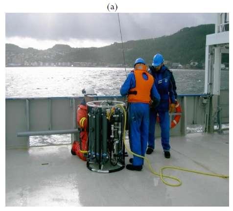 Figure 5.1.7. Gunnerus crew operating the CTD (a) for sound speed profiles acquisition (b).