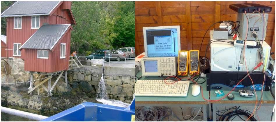 Figure 5.1.1. Storage house where the base station was installed (a) and signal generating and AOB monitoring equipment (b).